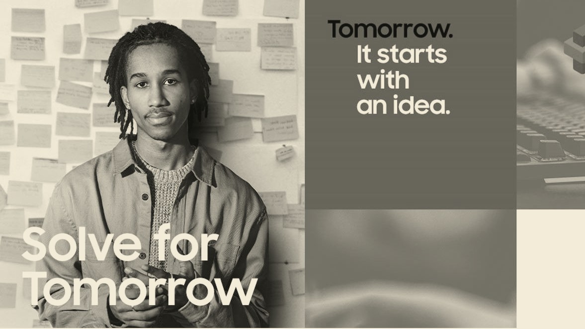 Samsung Solve for Tomorrow key art: a participant in front of a wall of sticky notes, beside the line Tomorrow. It starts with an idea.