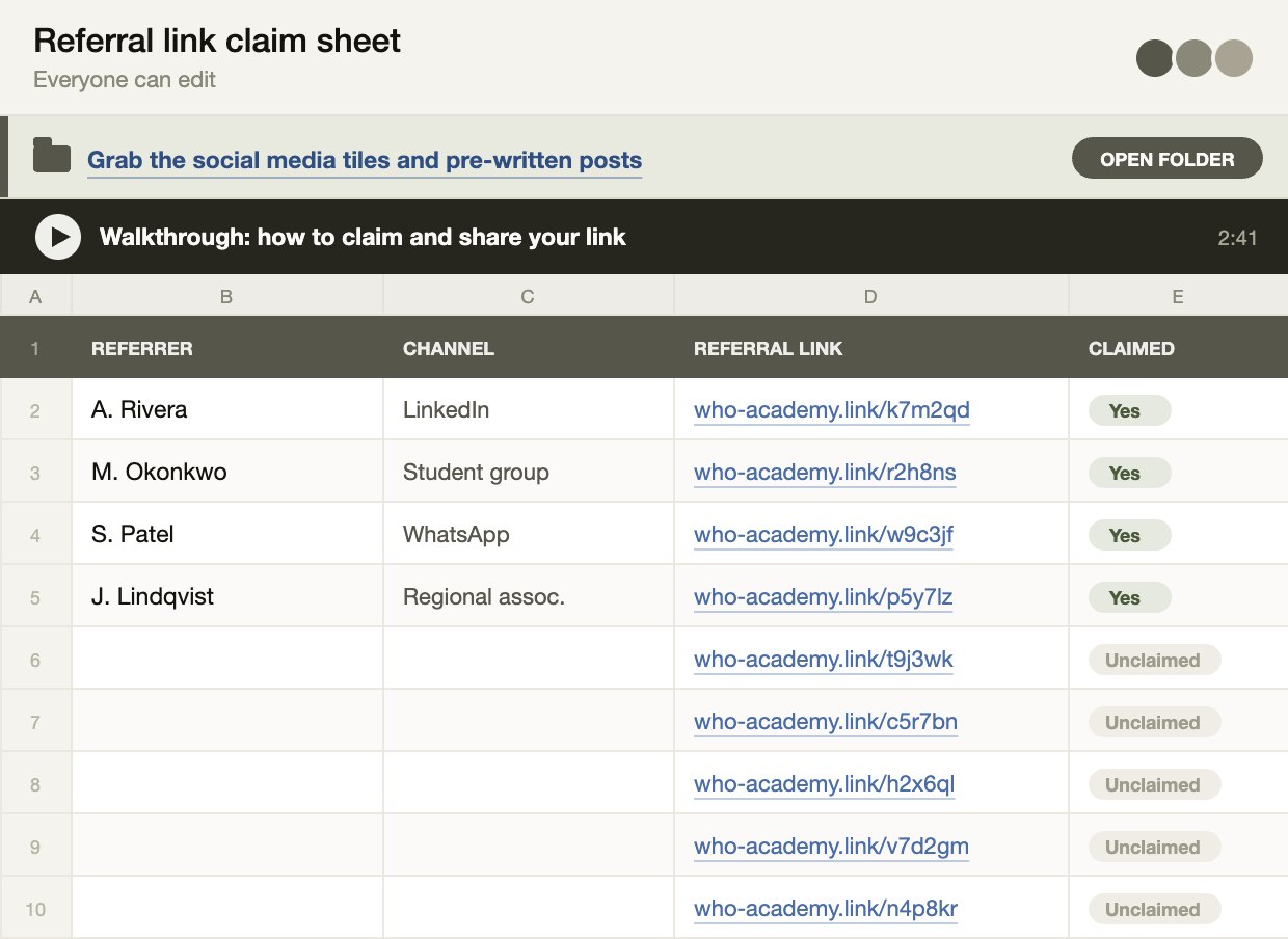 A shared spreadsheet where each referrer claims and names their own referral links, with a walkthrough video and an asset folder pinned to the sheet